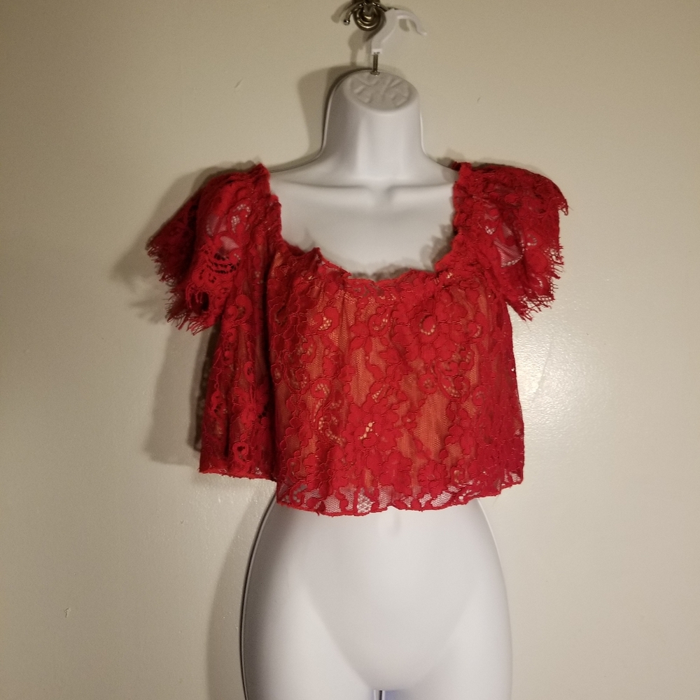 Tobi Red Lace Crop Top - Picture 5 of 8